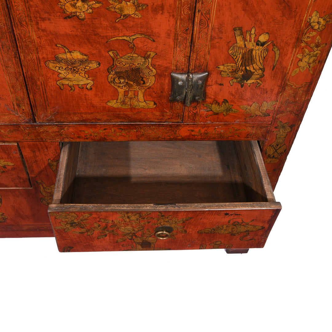 Drawer Interior Of Red Lacquer Wedding Cabinet - 19thC | Indigo Antiques