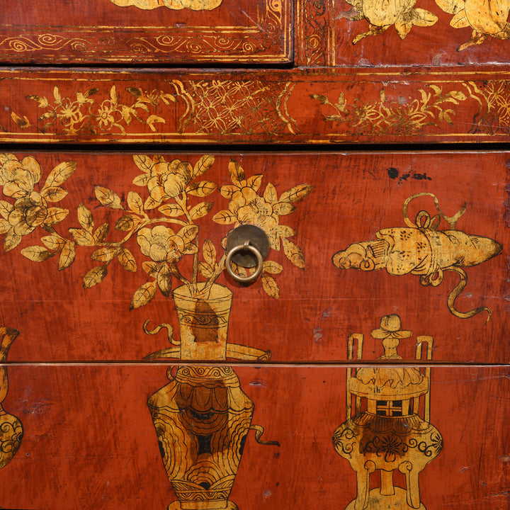 Drawer Handle Detail From Red Lacquer Wedding Cabinet - 19thC | Indigo Antiques