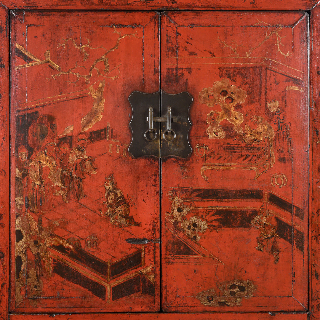 Painted Doors On Red Lacquer Wedding Cabinet - 19thC | Indigo Antiques