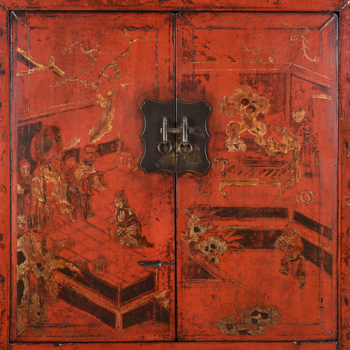 Painted Doors On Red Lacquer Wedding Cabinet - 19thC | Indigo Antiques