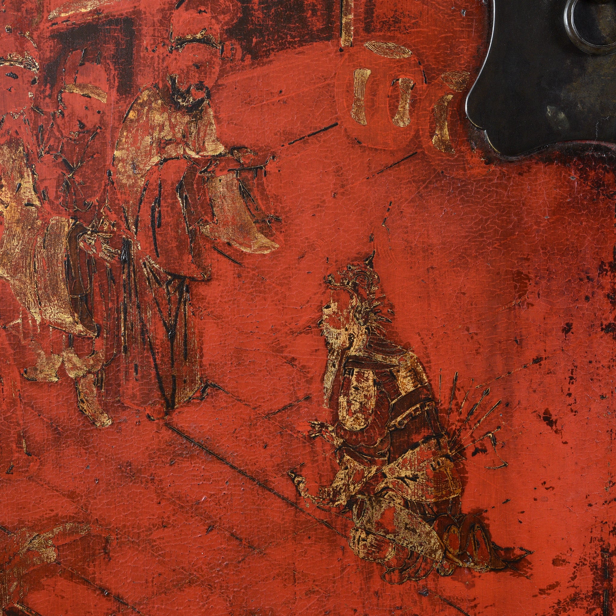 Detail Of Figures On Red Lacquer Wedding Cabinet - 19thC | Indigo Antiques