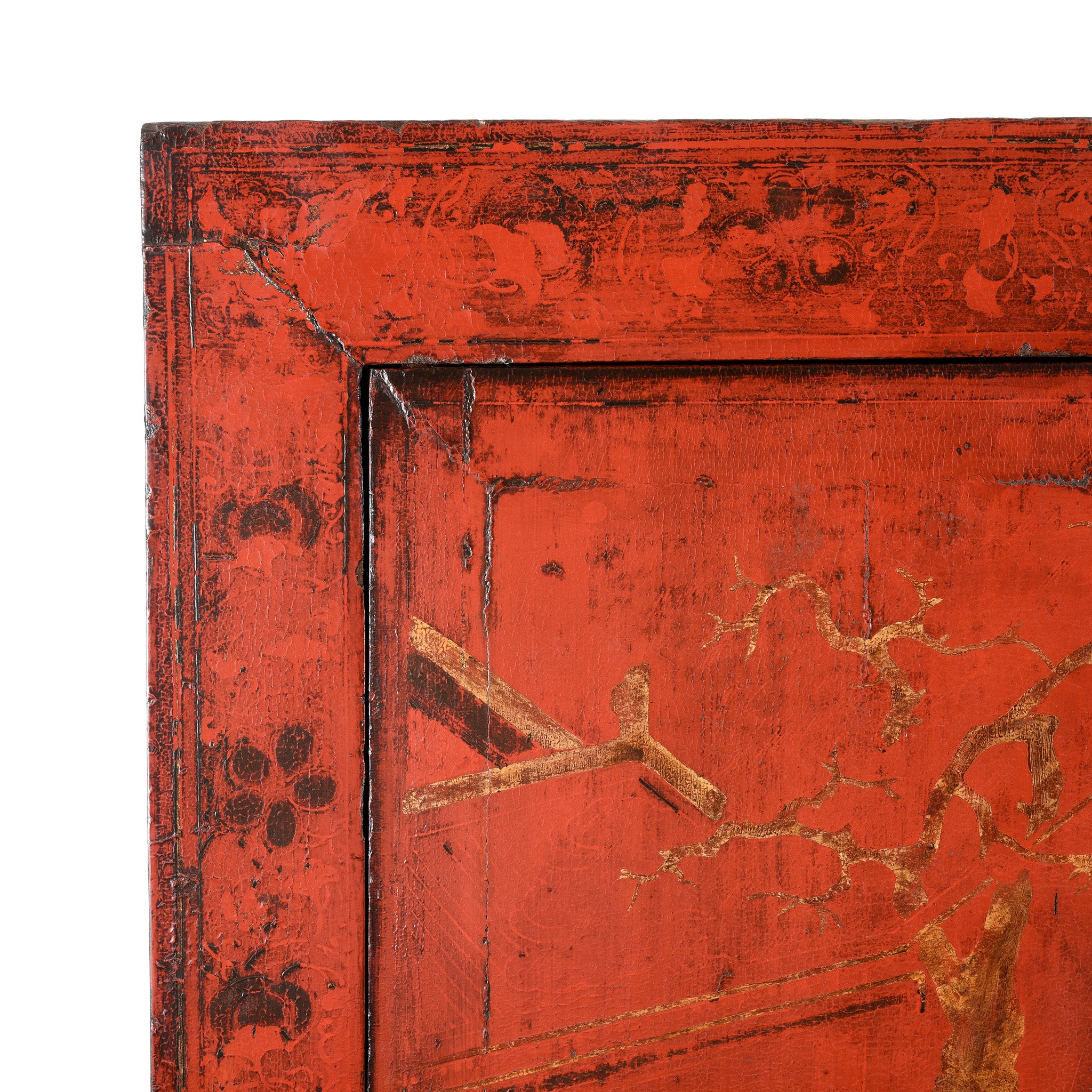 Corner Detail Of Red Lacquer Wedding Cabinet - 19thC | Indigo Antiques