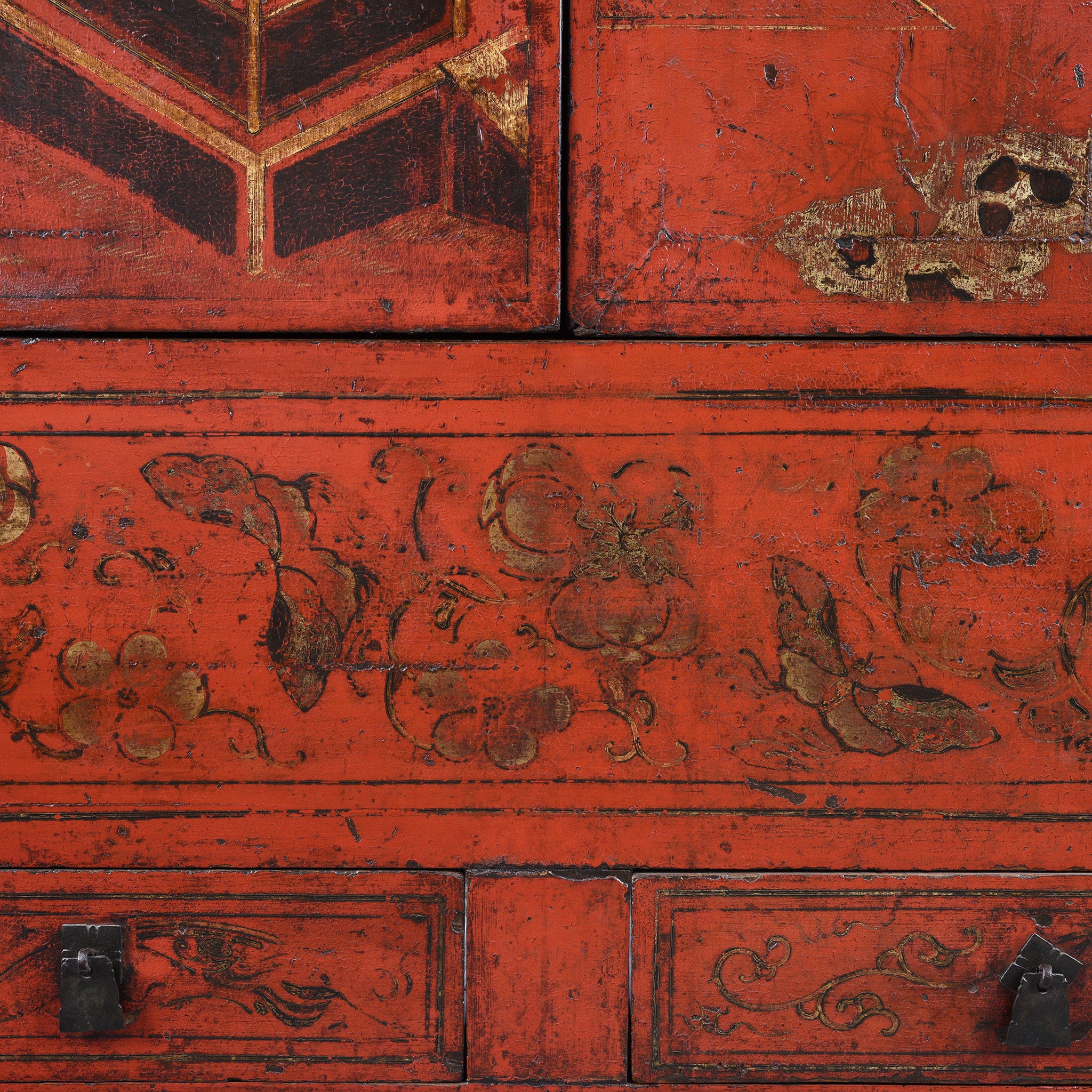 Paintwork Detail Of Red Lacquer Wedding Cabinet - 19thC | Indigo Antiques