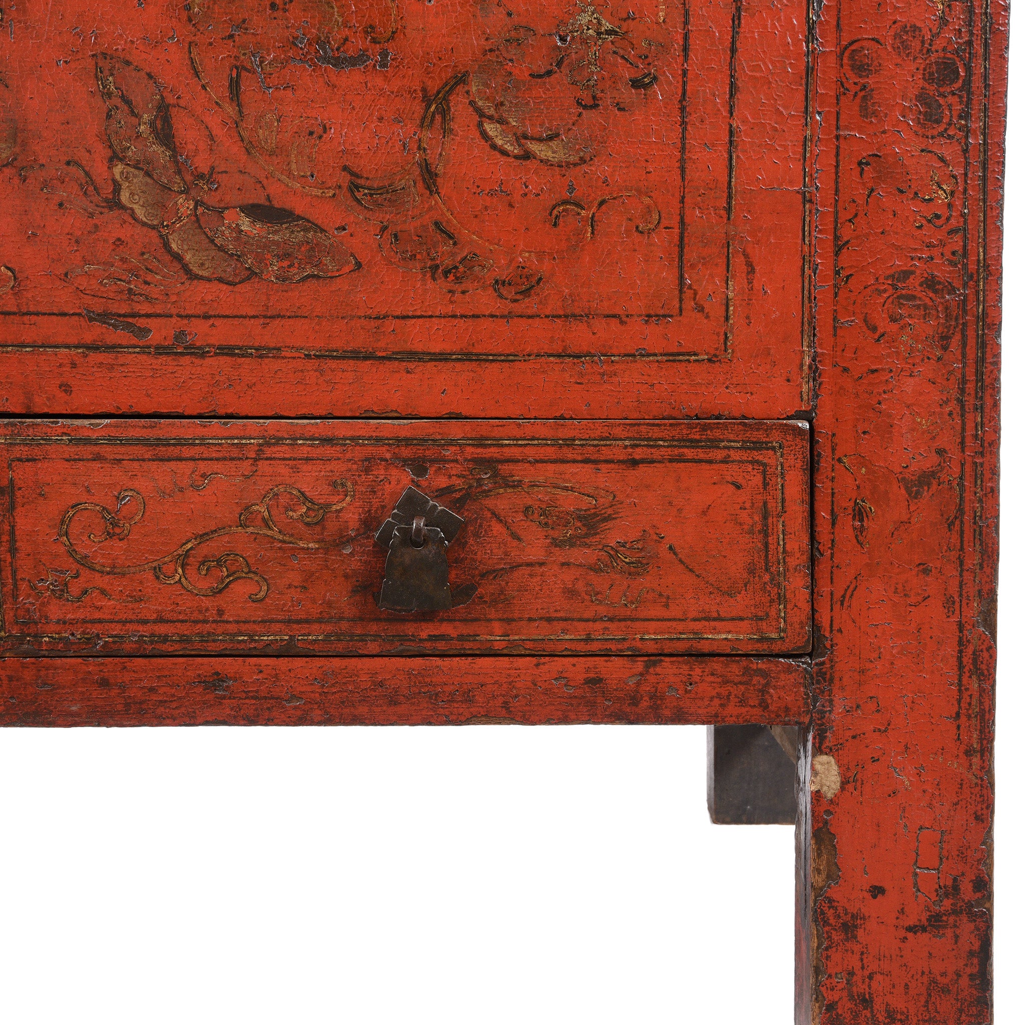 Lower Draw And Paintwork Detail On Red Lacquer Wedding Cabinet - 19thC | Indigo Antiques