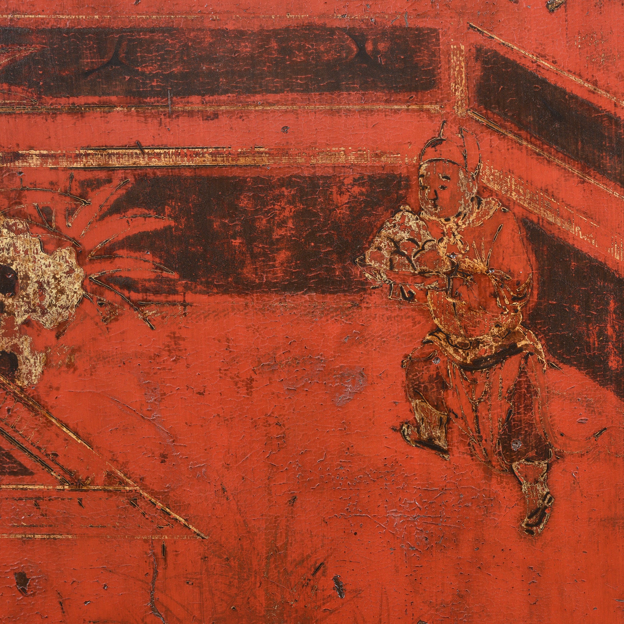 Detail Of Man Carrying Food On Red Lacquer Wedding Cabinet - 19thC | Indigo Antiques