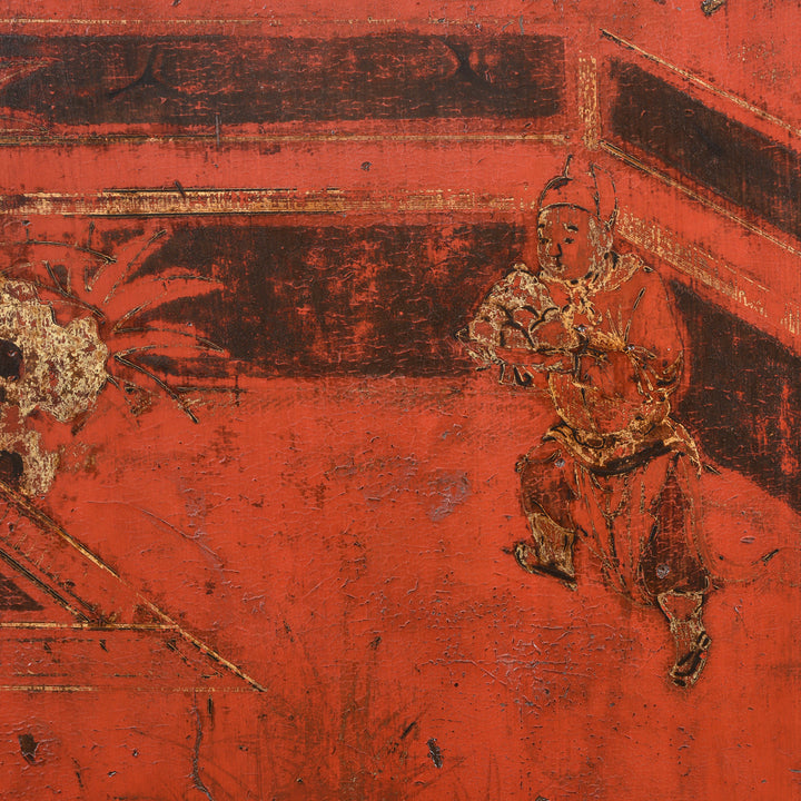 Detail Of Man Carrying Food On Red Lacquer Wedding Cabinet - 19thC | Indigo Antiques