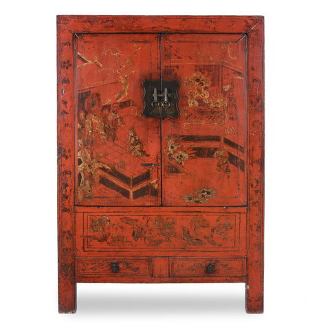 Chinese Red Lacquer Wedding Cabinet - 19thC