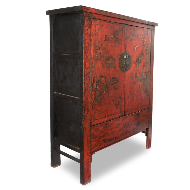 Side View Of Red Lacquer Wedding Cabinet - 19thC | Indigo Antiques