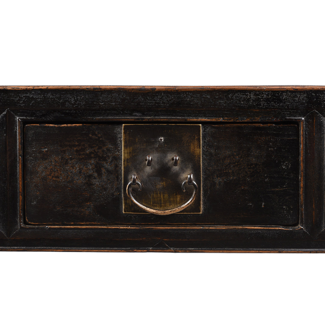 Drawer Detail From Black Lacquer 3 Drawer Elm Console Table From Shanxi - 19thC | Indigo Antiques