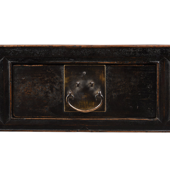 Drawer Detail From Black Lacquer 3 Drawer Elm Console Table From Shanxi - 19thC | Indigo Antiques