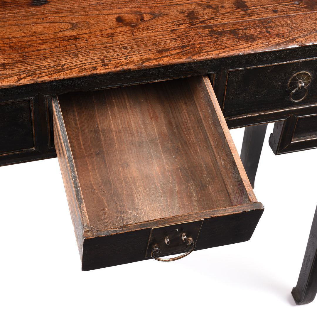 Drawer Interior Detail From Black Lacquer 3 Drawer Elm Console Table From Shanxi - 19thC | Indigo Antiques