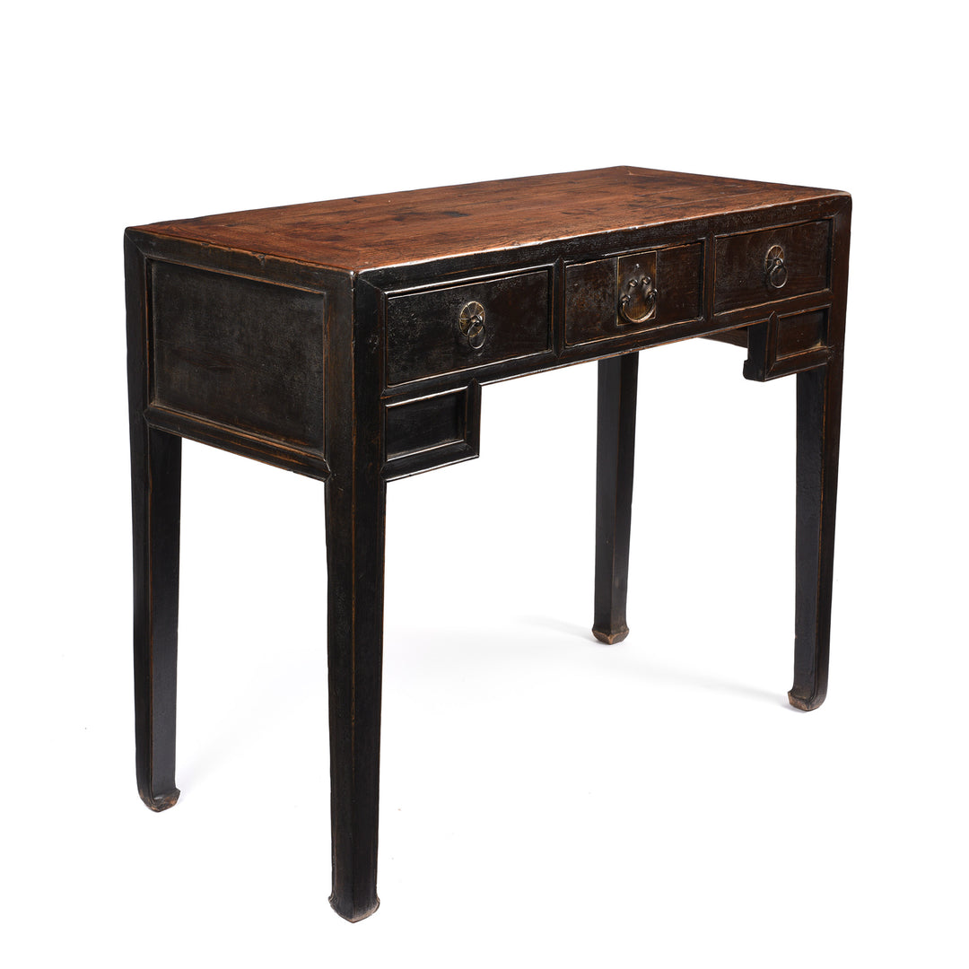 Angled View Of Black Lacquer 3 Drawer Elm Console Table From Shanxi - 19thC | Indigo Antiques