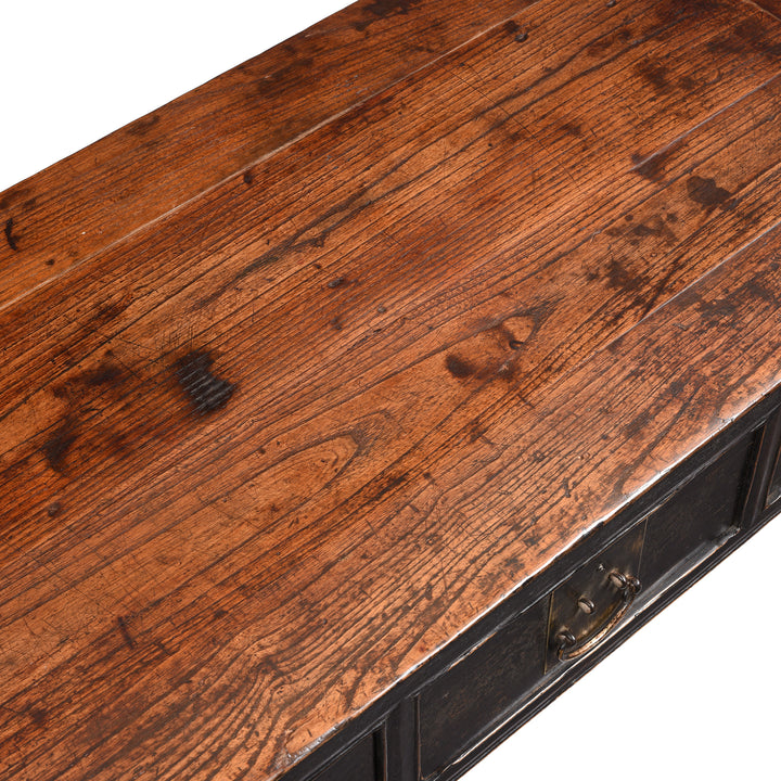 Surface Detail From Black Lacquer 3 Drawer Elm Console Table From Shanxi - 19thC | Indigo Antiques