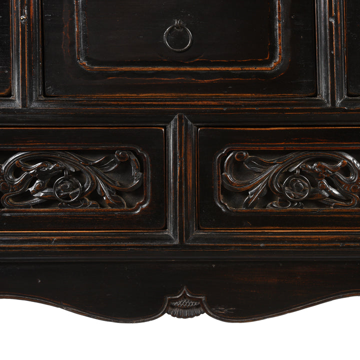 Carving Detail From Black Lacquer 7 Drawer Sideboard - 19thC | Indigo Antiques 