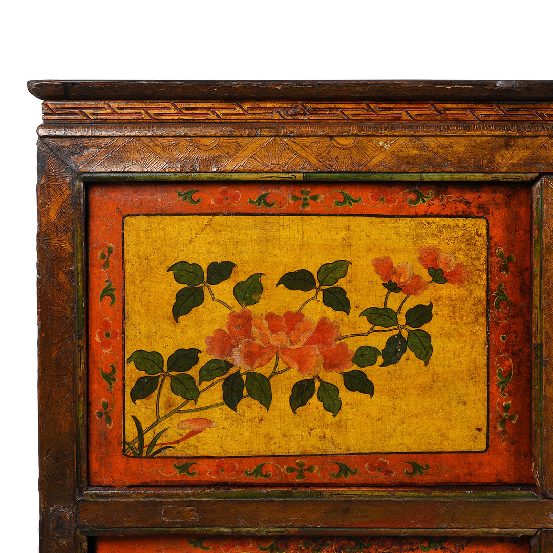 Corner Detail From Antique Tibetan Altar Cabinet With Original Painting - 19thC | Indigo Antiques