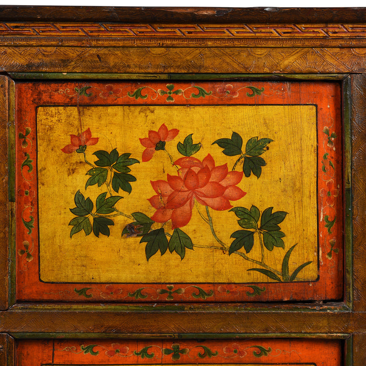 Tibetan Lotus Flower Painting Detail From an Antique Tibetan Altar Cabinet With Original Painting - 19thC | Indigo Antiques