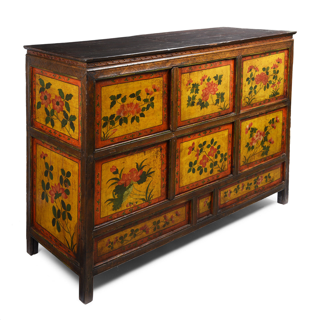 Angled View Of Antique Tibetan Altar Cabinet With Original Painting - 19thC | Indigo Antiques