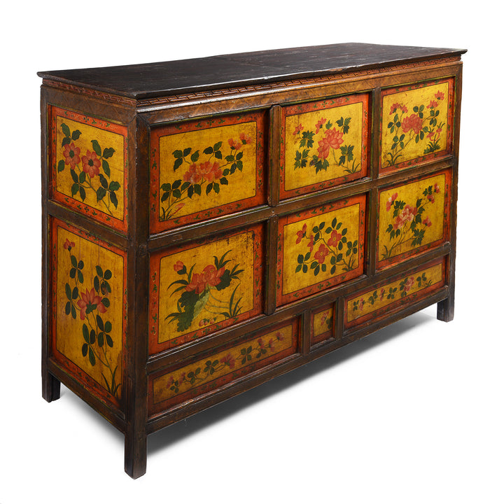 Angled View Of Antique Tibetan Altar Cabinet With Original Painting - 19thC | Indigo Antiques