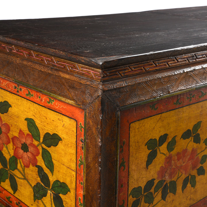 Corner Detail From Antique Tibetan Altar Cabinet With Original Painting - 19thC | Indigo Antiques
