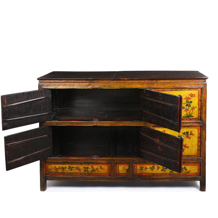 Open Doors View Of Antique Tibetan Altar Cabinet With Original Painting - 19thC | Indigo Antiques