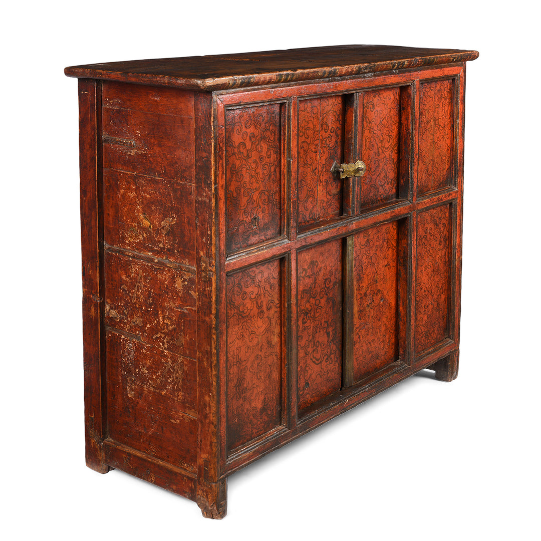 Angled View Of Tibetan Altar Cabinet With Original Painting - 19thC | Indigo Antiques