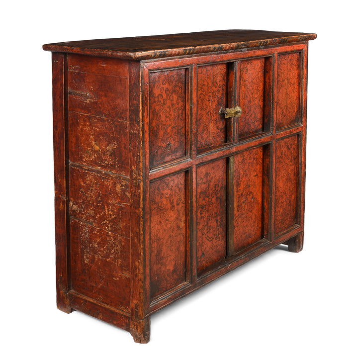 Angled View Of Tibetan Altar Cabinet With Original Painting - 19thC | Indigo Antiques