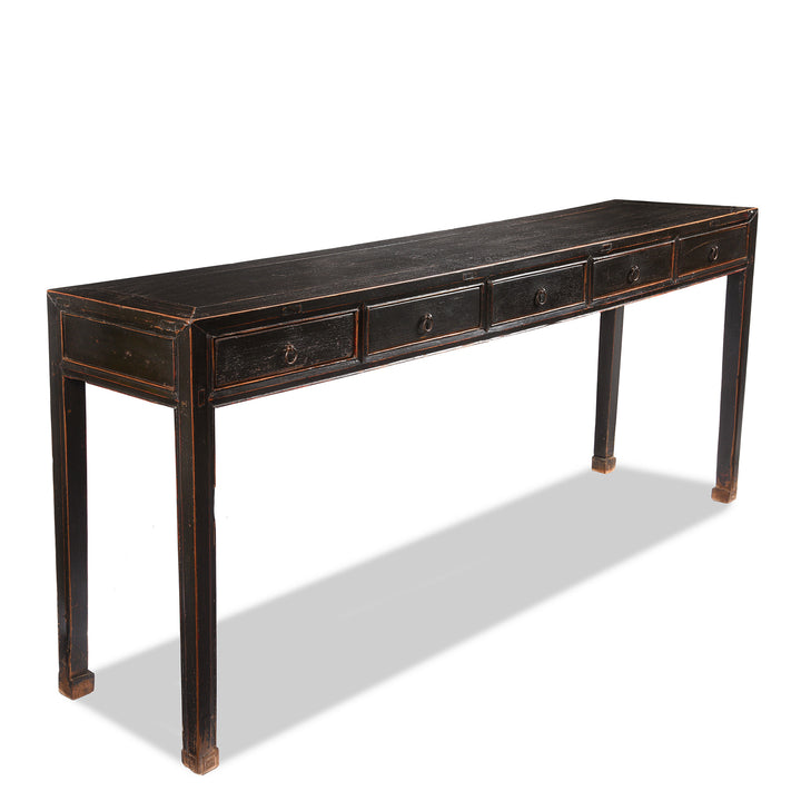 Angled View Of Black Lacquer 5 Drawer Altar Table From Shanxi - 19thC | Indigo Antiques