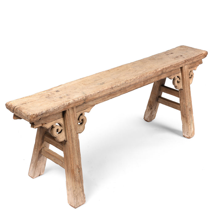 Angled View Of Antique Chinese Elm Spring Bench - Shanxi Province - 19thC | Indigo Antiques