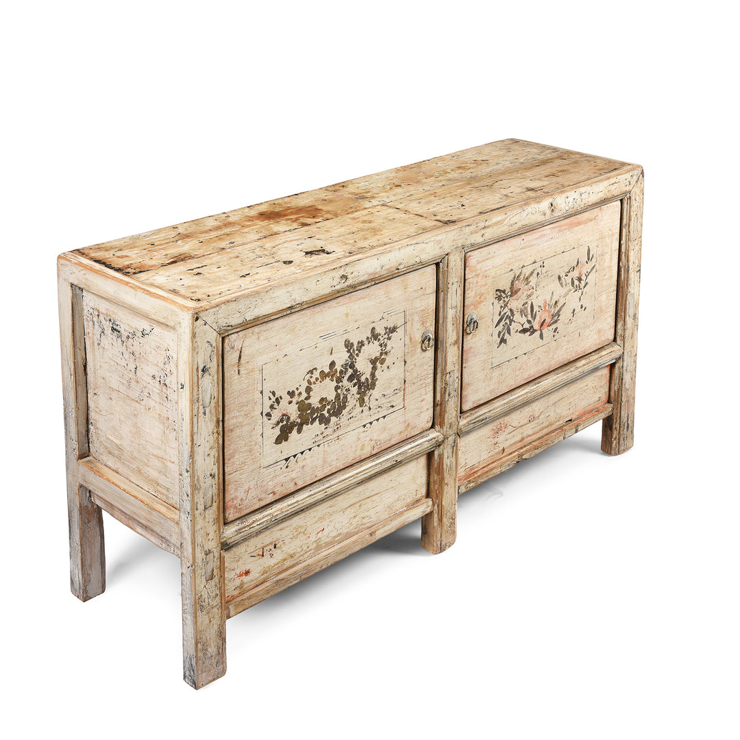 Angled View Of Antique Pale Painted Mongolian Sideboard - Ca 1920 | Indigo Antiques