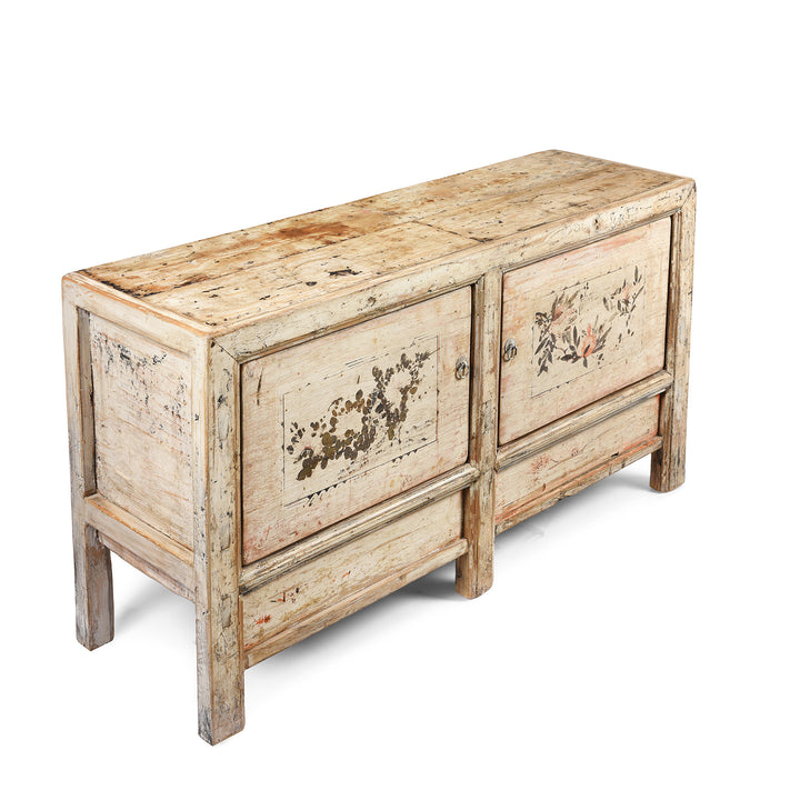 Angled View Of Antique Pale Painted Mongolian Sideboard - Ca 1920 | Indigo Antiques