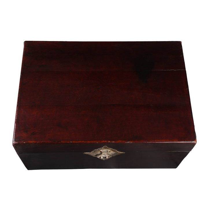 Top Detail From Antique Aubergine Leather Trunk From Shanghai - Ca 1920 | Indigo Antiques