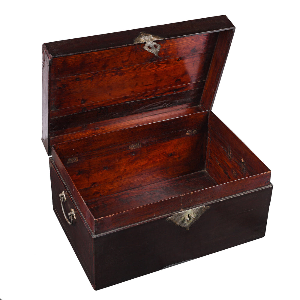 Open Lid View Of Antique Aubergine Leather Trunk From Shanghai - Ca 1920 | Indigo Antiques