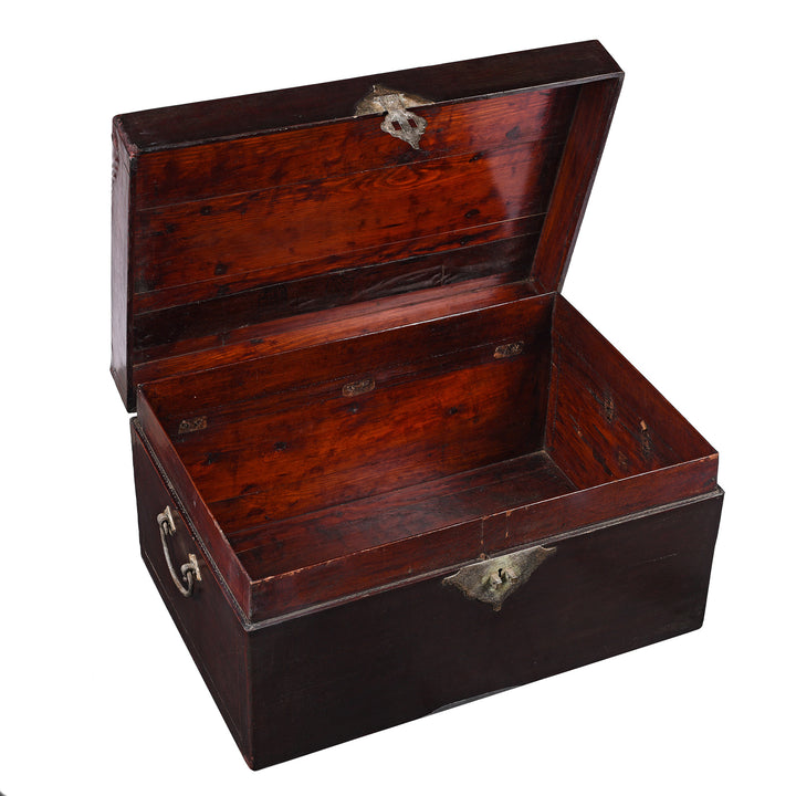 Open Lid View Of Antique Aubergine Leather Trunk From Shanghai - Ca 1920 | Indigo Antiques