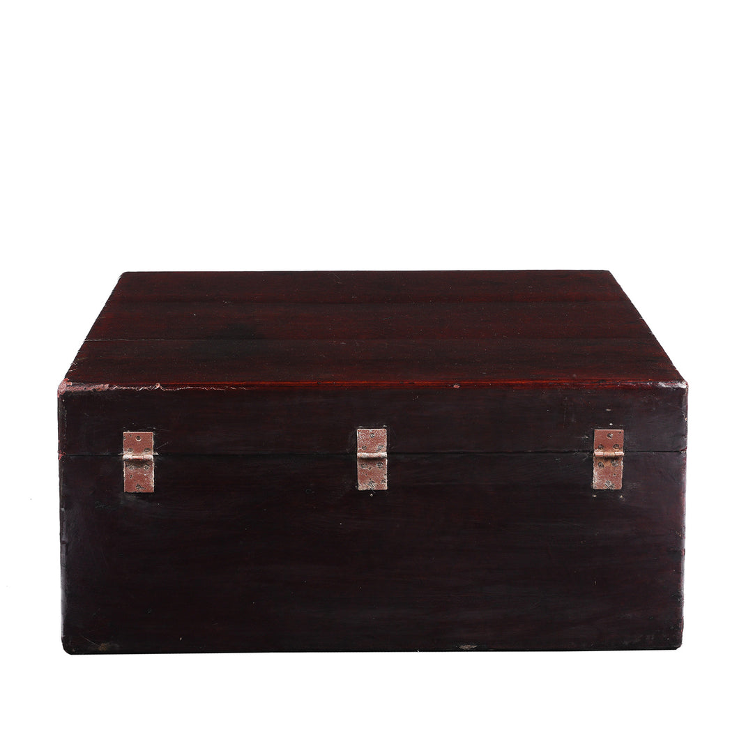 Back Of Antique Aubergine Leather Trunk From Shanghai - Ca 1920 | Indigo Antiques