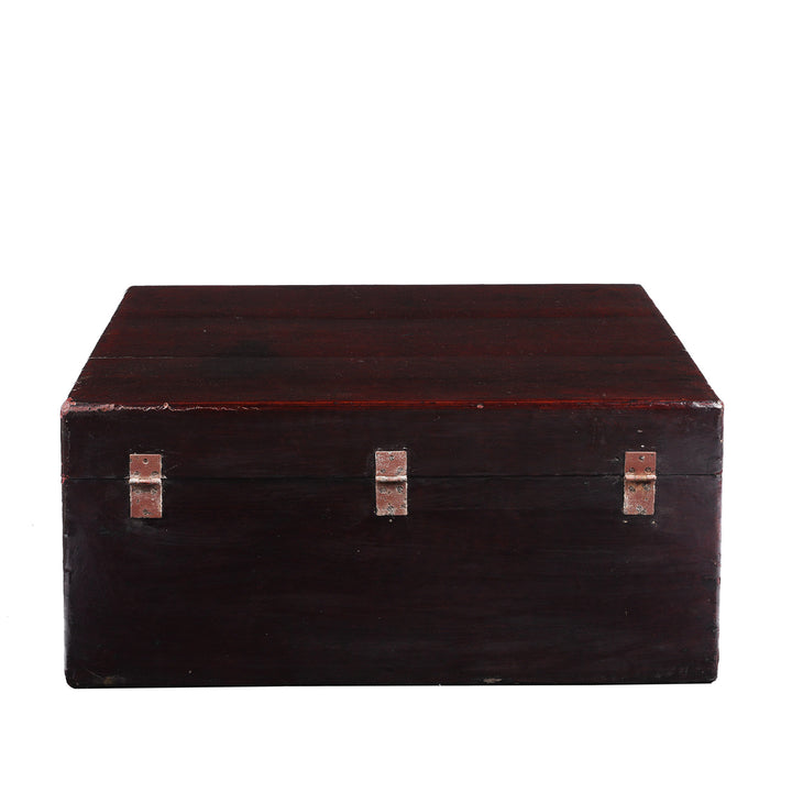 Back Of Antique Aubergine Leather Trunk From Shanghai - Ca 1920 | Indigo Antiques