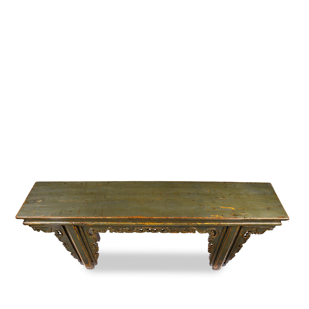 Town View Of Antique Painted Elm Altar Table From Qinghai -19th Century | Indigo Antiques