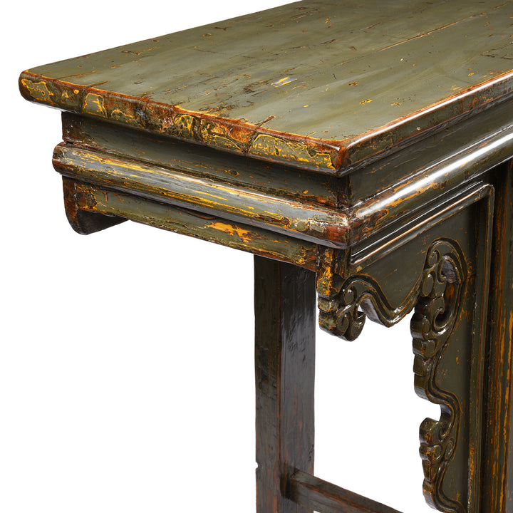 End Detail From Antique Painted Elm Altar Table From Qinghai -19th Century | Indigo Antiques