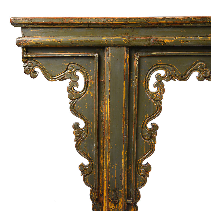 Leg Detail From Antique Painted Elm Altar Table From Qinghai -19th Century | Indigo Antiques