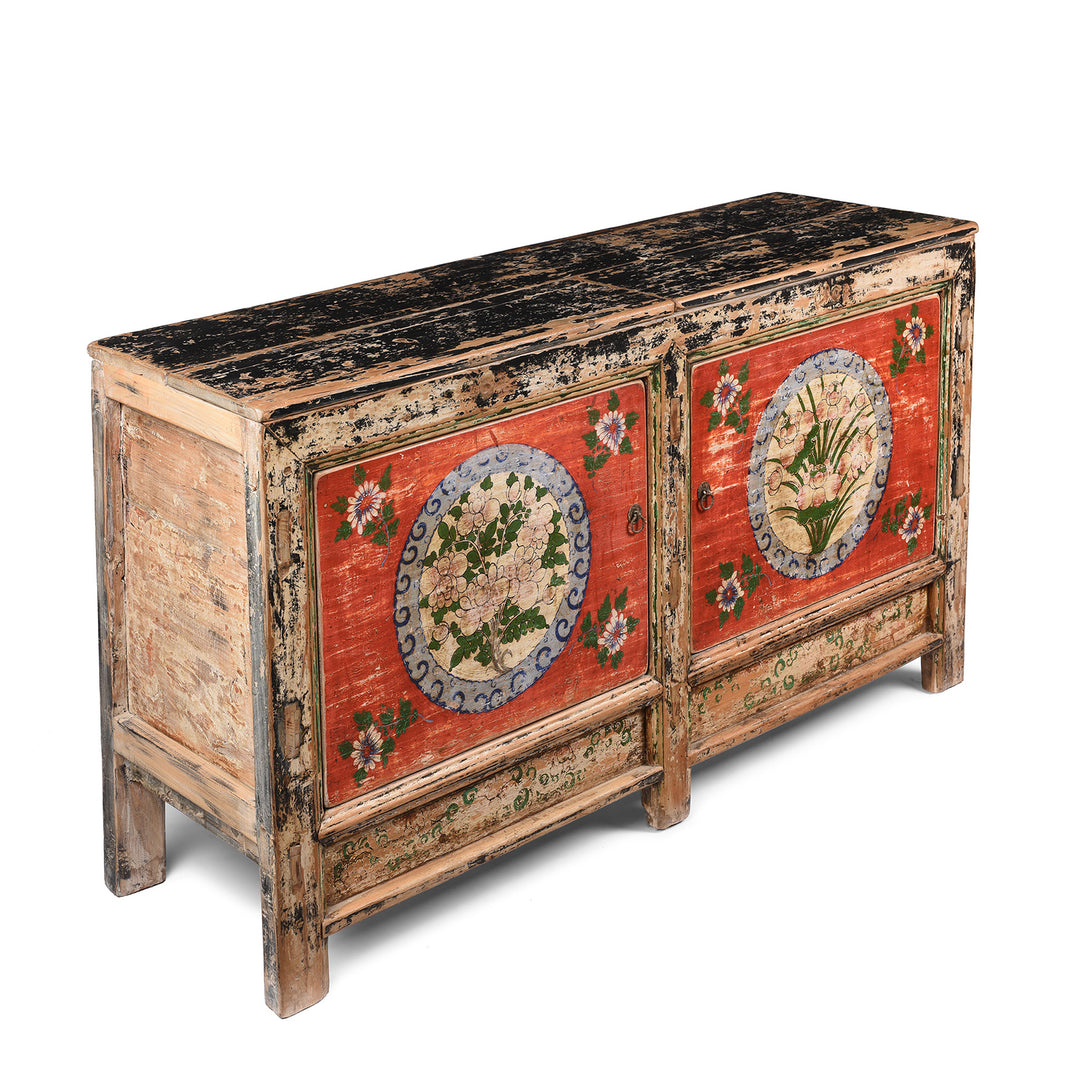 Angled VIew Of Antique 2 Door Painted Mongolian Sideboard - Ca 1920 | Indigo Antiques