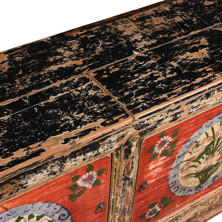 Surface Top Detail From Antique 2 Door Painted Mongolian Sideboard - Ca 1920 | Indigo Antiques