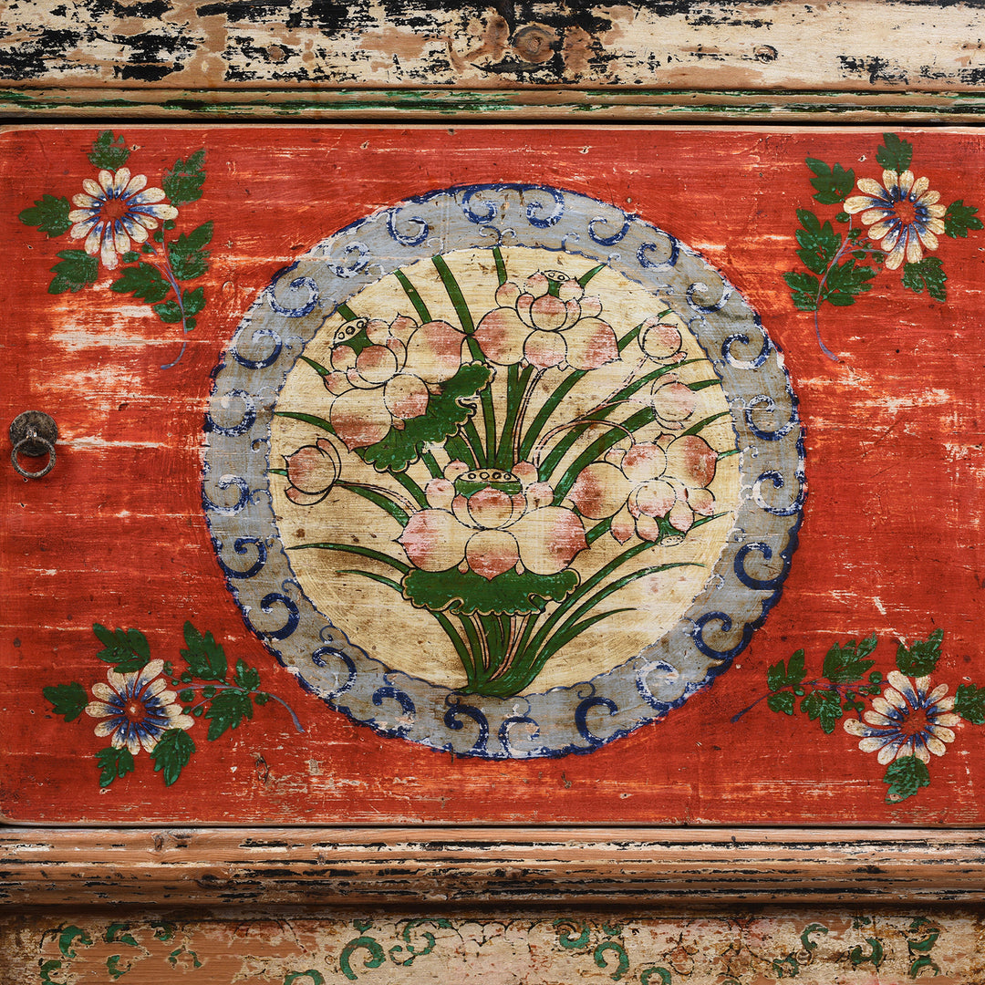 Paintwork Detail From Antique 2 Door Painted Mongolian Sideboard - Ca 1920 | Indigo Antiques