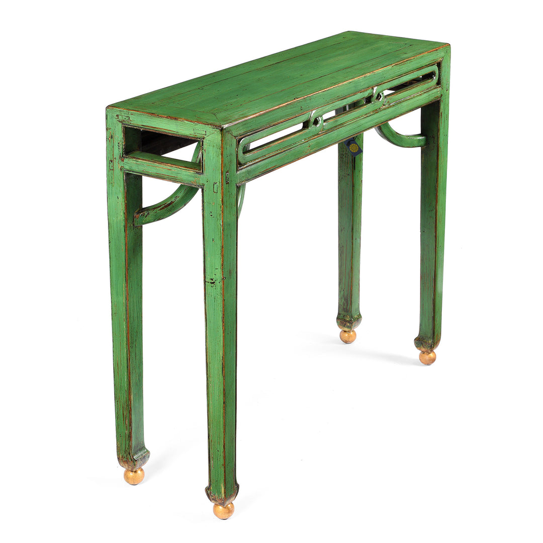 Angled View Of Reproduction Green Lacquer Console Table | Indigo Antiques