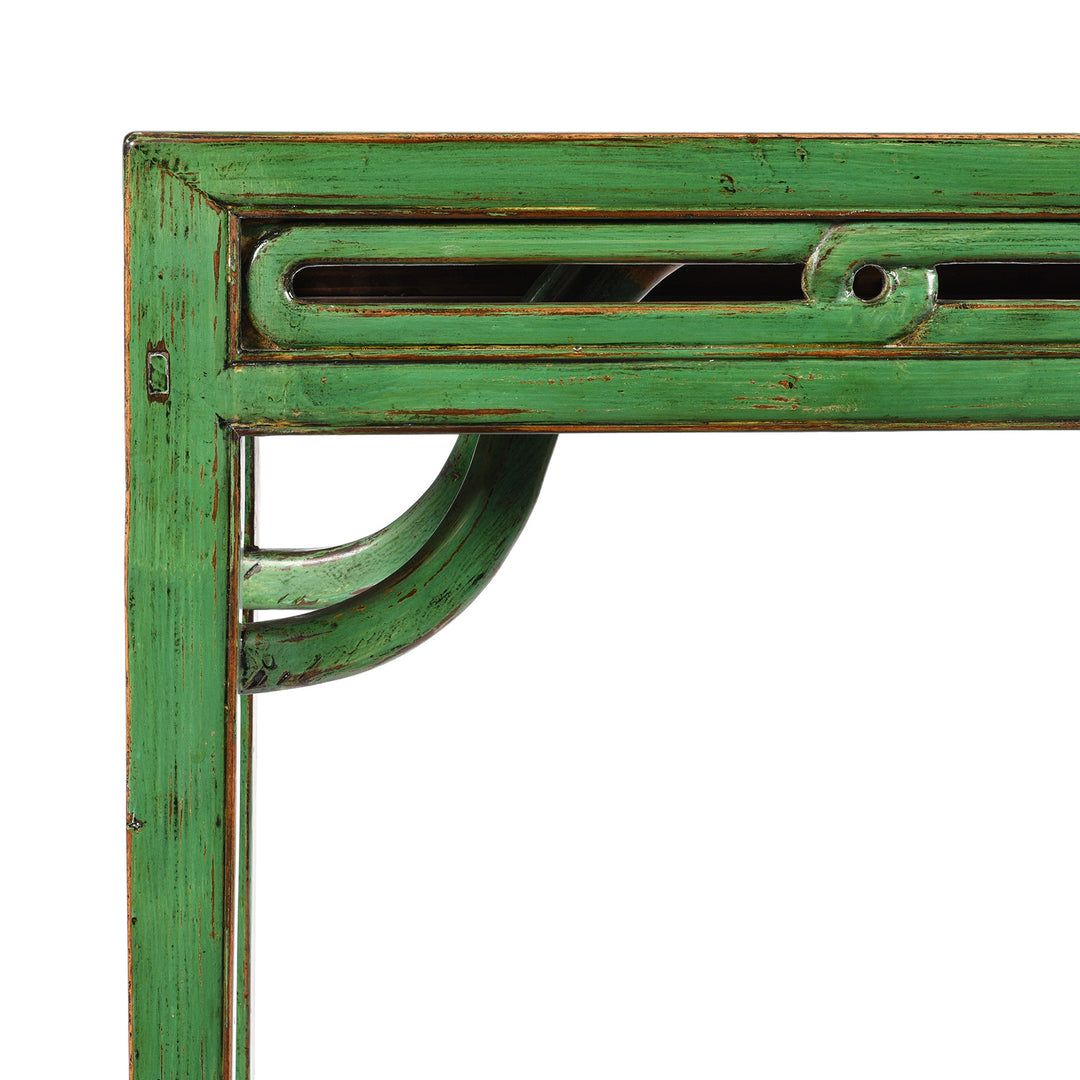 Corner Detail From Reproduction Green Lacquer Console Table | Indigo Antiques