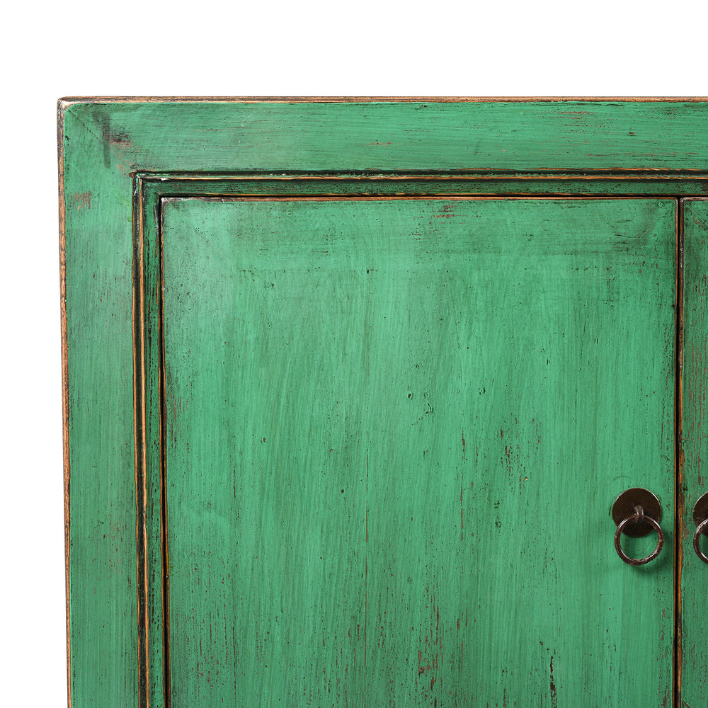 Corner Detail From Green Lacquer 4 Door Mongolian Sideboard | Indigo Antiques