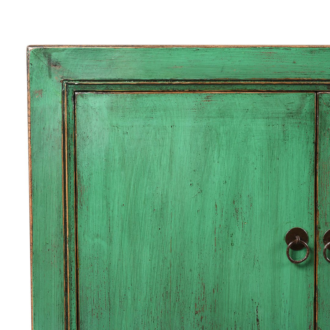Corner Detail From Green Lacquer 4 Door Mongolian Sideboard | Indigo Antiques
