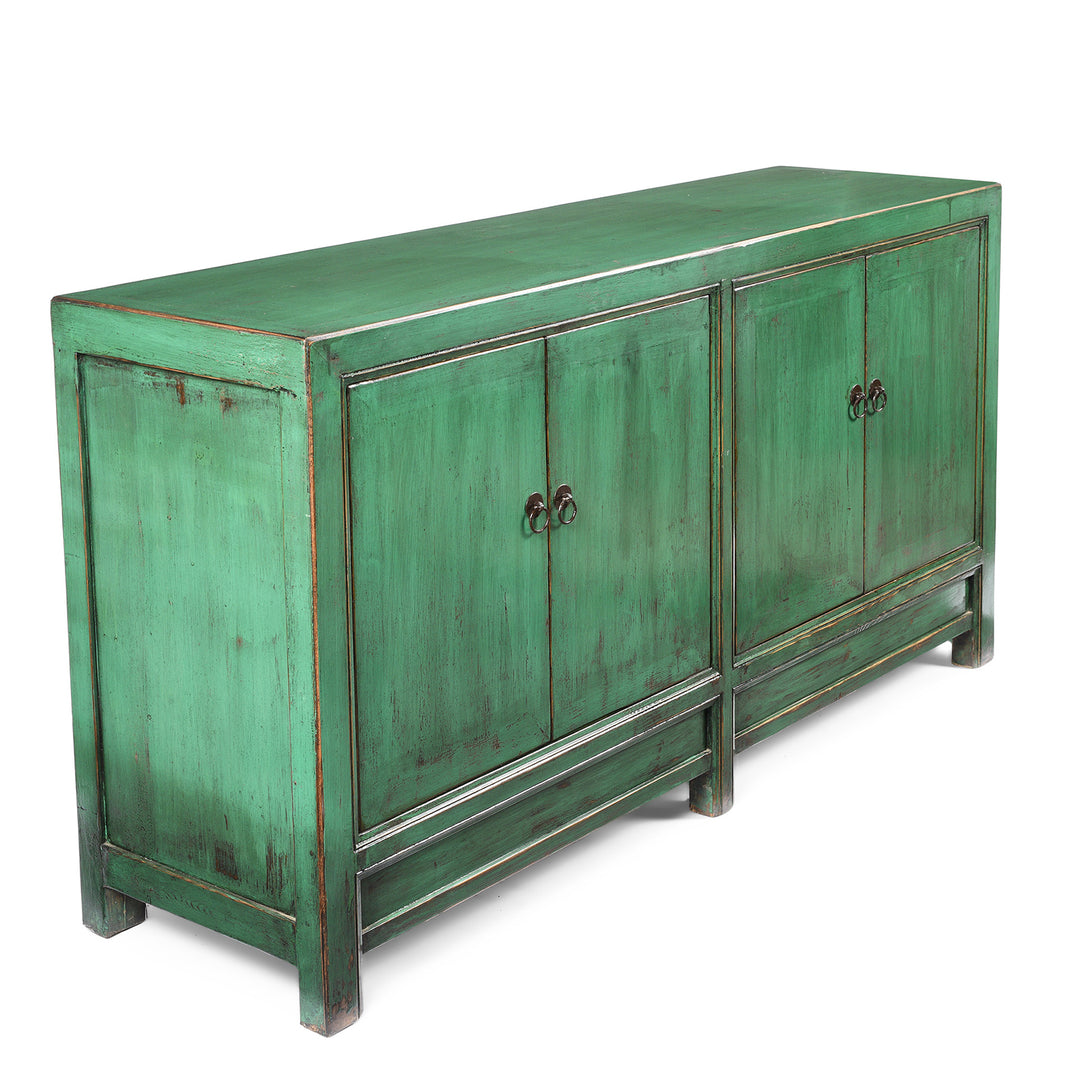 Angled View Of Green Lacquer 4 Door Mongolian Sideboard | Indigo Antiques