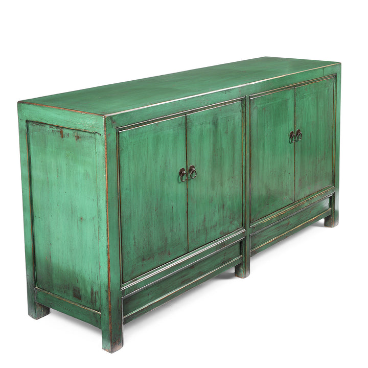 Angled View Of Green Lacquer 4 Door Mongolian Sideboard | Indigo Antiques