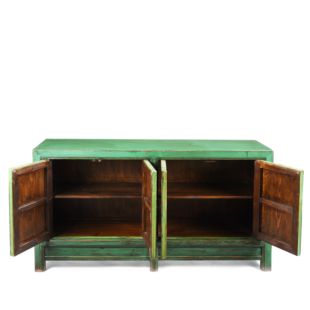 Interior Of Green Lacquer 4 Door Mongolian Sideboard | Indigo Antiques