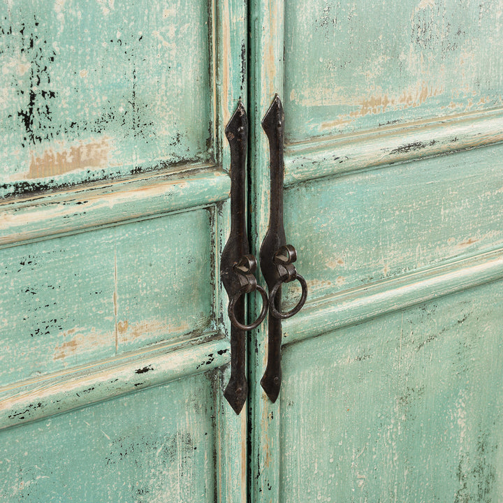 Handles Detail From Tall Green Cabinet Made From Old Painted Pine | Indigo Antiques
