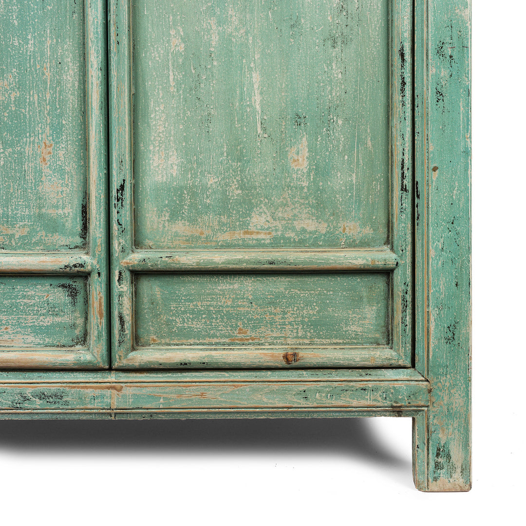 Leg Detail From Tall Green Cabinet Made From Old Painted Pine | Indigo Antiques